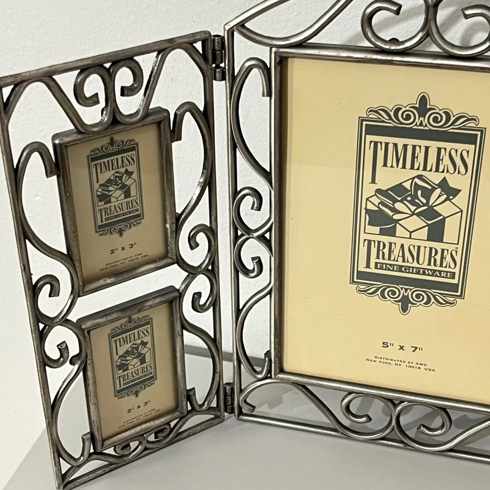 Timeless Treasures Silver Metal Triptych Photo‎ Frame 5x7 Center 2x3 Sides